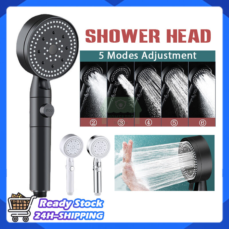 High Pressure Shower Head 5 Modes Adjustable Showerheads with 1.5m Hose Water Saving One-Key Stop Spray Nozzle Bathroom Showerhead Accessories