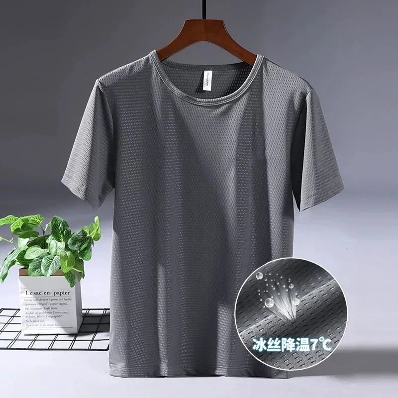 Large Size Ice Silk T-shirt Men's Mesh Short Sleeve Men's Loose Sports Quick-Drying Mesh Breathable Airable Shirt Summer Half Sleeve