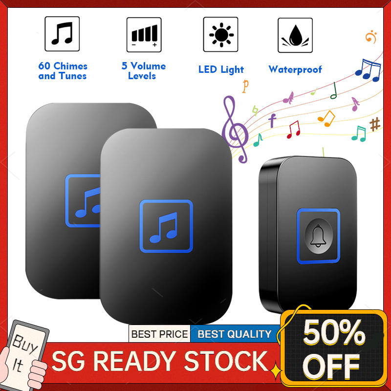 ?SG Fast Delivery?Cacazi Wireless Door Bell Latest 300M Button Waterproof Doorbell Waterproof Wireless Smart Doorbell Loceng Pintu Rumah UK Plug for Home Office 60 Tunes Door Chime Self Powered Door B