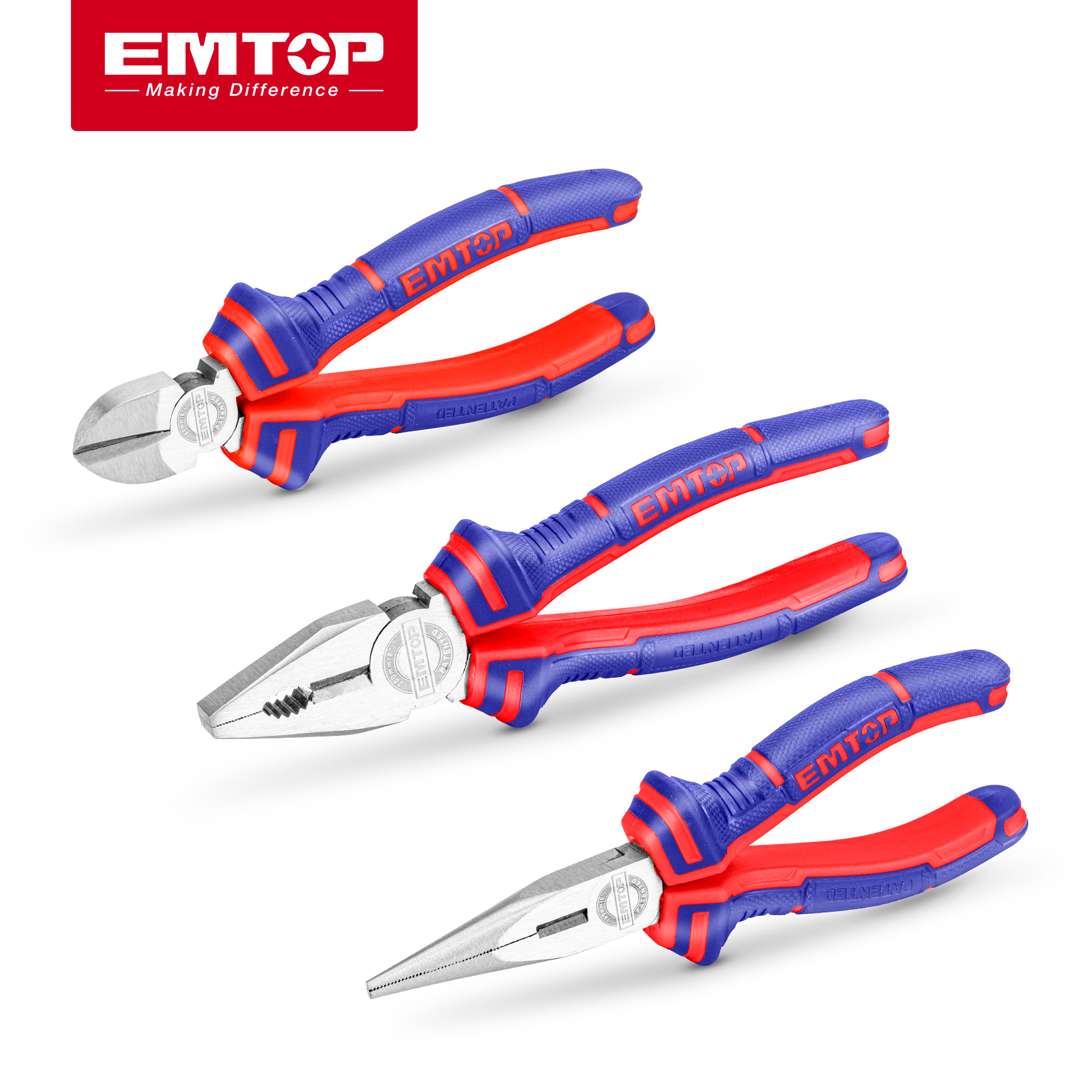 EMTOP 3PCS Pliers Set, 8 Inch Combination Pliers,6 Inch Long Nose Pliers,6 Inch Diagonal Cutting pliers Multifunctional Wire Cutters Plier EPLS0311