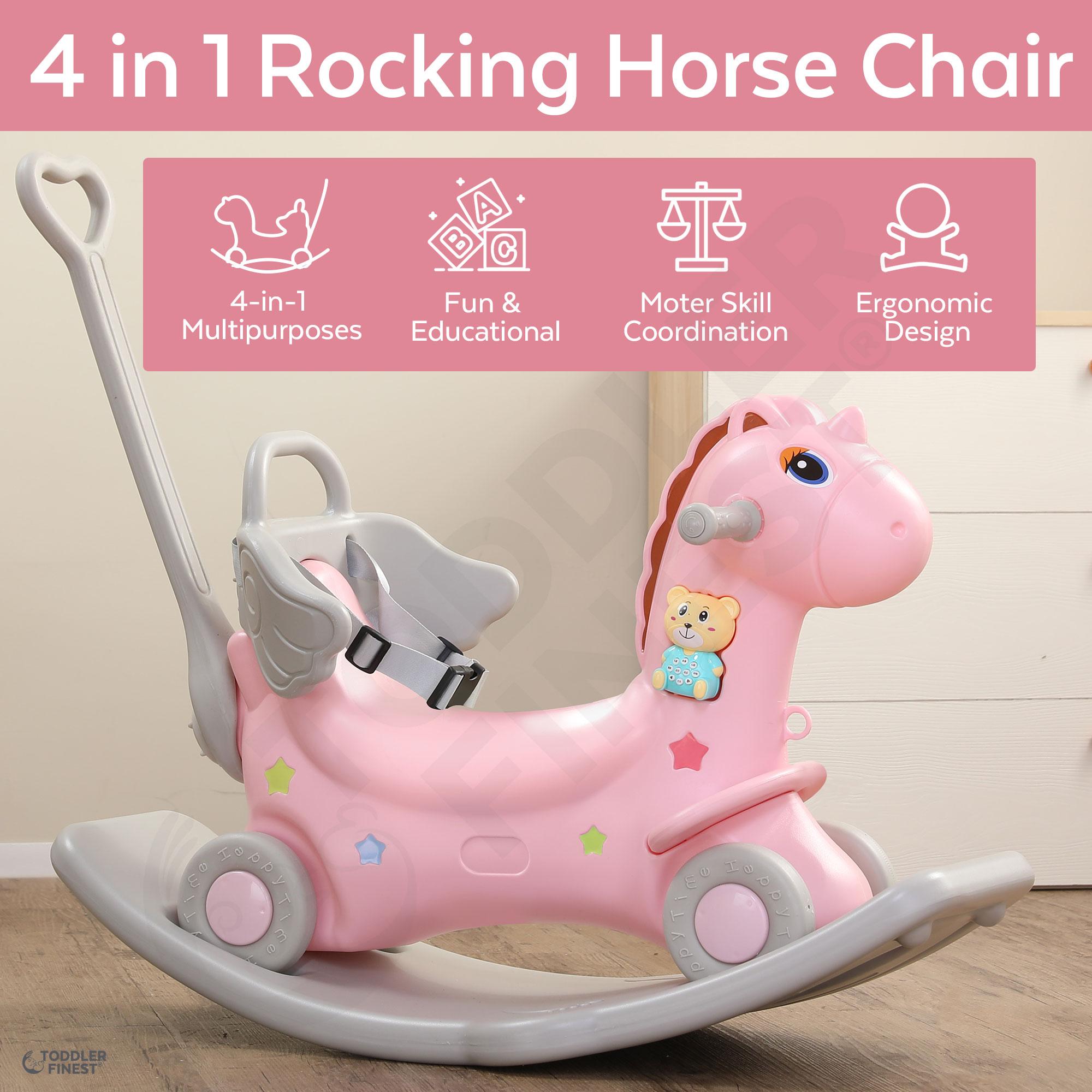 4-in-1 Rocking Horse - Push Glider Pony Rocker Toy - Musical Player Riding Chair - Ride On Rocking Animal - 1.5x Thicker Safer Durable - Anti-Slip Auto Balance - For 1,2,3 year old Boy Girl Child Todd